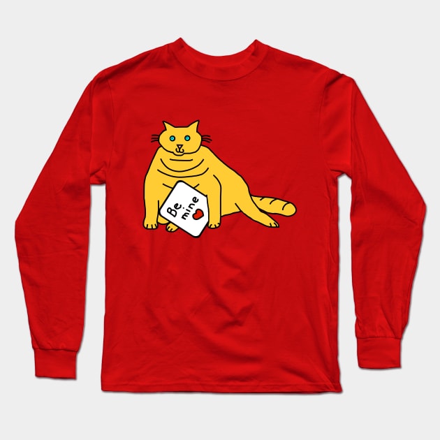 Cute Chubby Kitty Cat says Be Mine on Valentines Day Long Sleeve T-Shirt by ellenhenryart